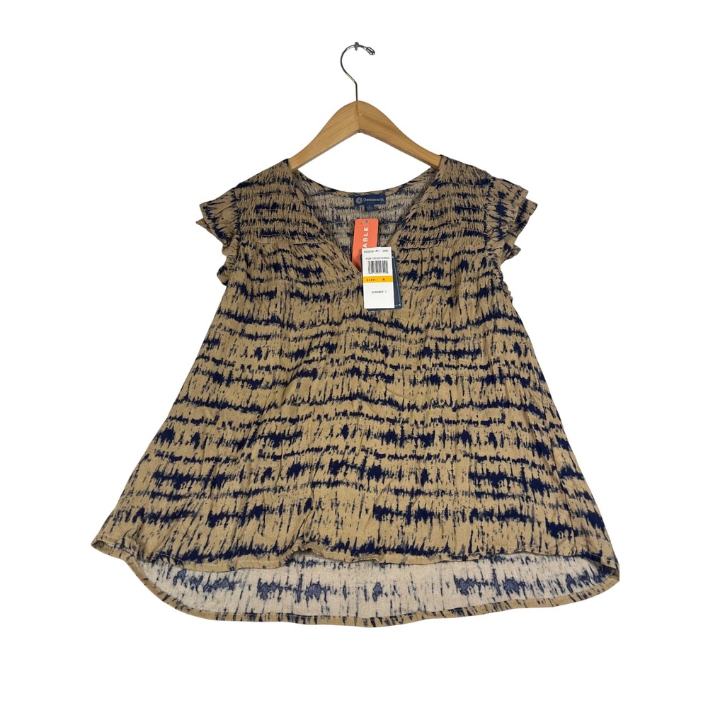 Democracy Womens Tan Navy Tie Dye Smocked V-Neck Flutter Sleeve Top B3935QO3E S